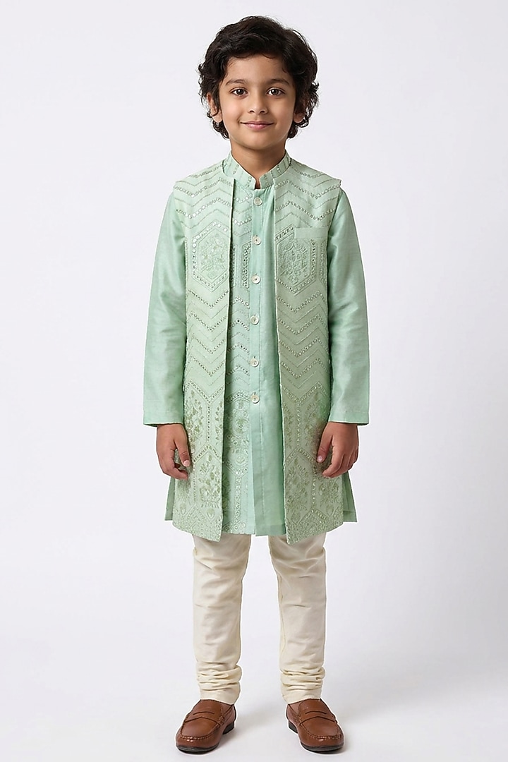 Mint Green Cotton Silk Floral Embroidered Nehru Jacket Set For Boys by Ankit V kapoor Kids at Pernia's Pop Up Shop
