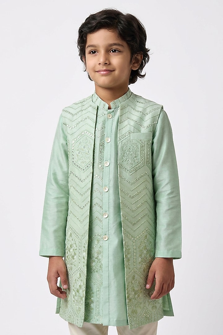 Mint Green Cotton Silk Floral Embroidered Nehru Jacket Set For Boys by Ankit V kapoor Kids at Pernia's Pop Up Shop