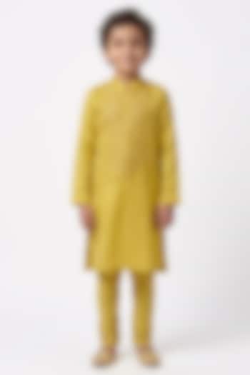 Mustard Yellow Cotton Silk Mirror Embellished Kurta Set For Boys by Ankit V kapoor Kids at Pernia's Pop Up Shop