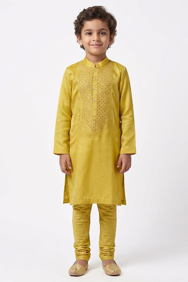 Mustard Yellow Cotton Silk Mirror Embellished Kurta Set For Boys by Ankit V kapoor Kids at Pernia's Pop Up Shop