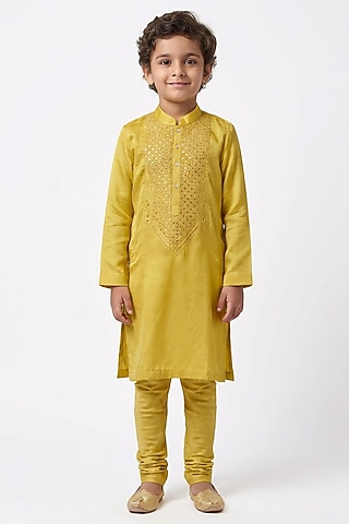 Mustard Yellow Cotton Silk Mirror Embellished Kurta Set For Boys by Ankit V kapoor Kids