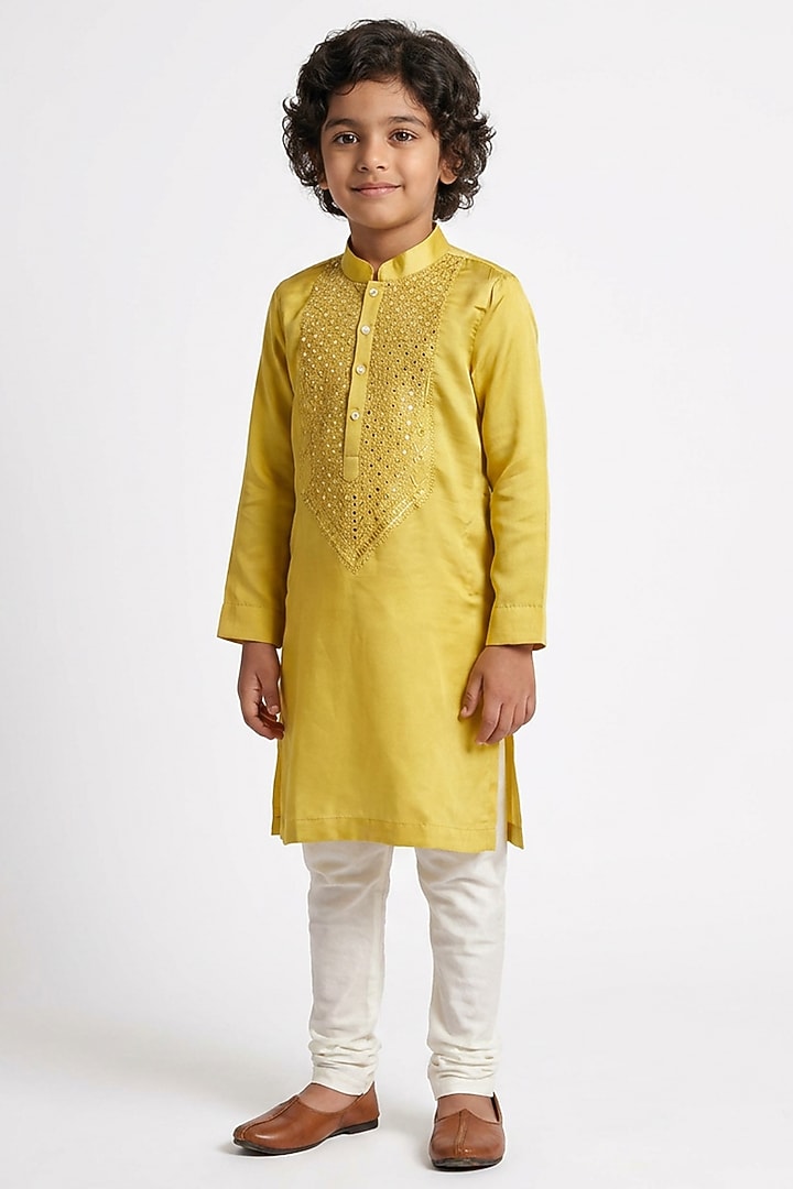 Mustard Yellow Cotton Silk Mirror Embellished Kurta Set For Boys by Ankit V kapoor Kids at Pernia's Pop Up Shop