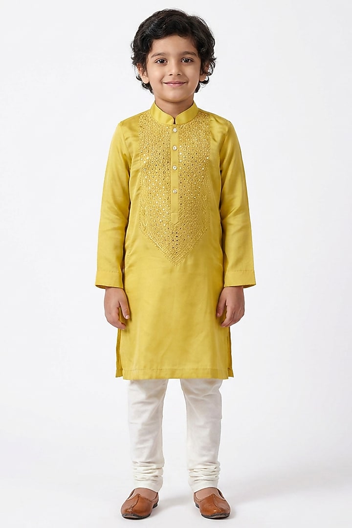 Mustard Yellow Cotton Silk Mirror Embellished Kurta Set For Boys by Ankit V kapoor Kids at Pernia's Pop Up Shop