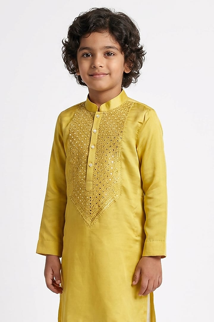 Mustard Yellow Cotton Silk Mirror Embellished Kurta Set For Boys by Ankit V kapoor Kids at Pernia's Pop Up Shop