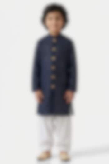 Navy Blue Cotton Silk Embroidered Sherwani Set For Boys by Ankit V kapoor Kids at Pernia's Pop Up Shop