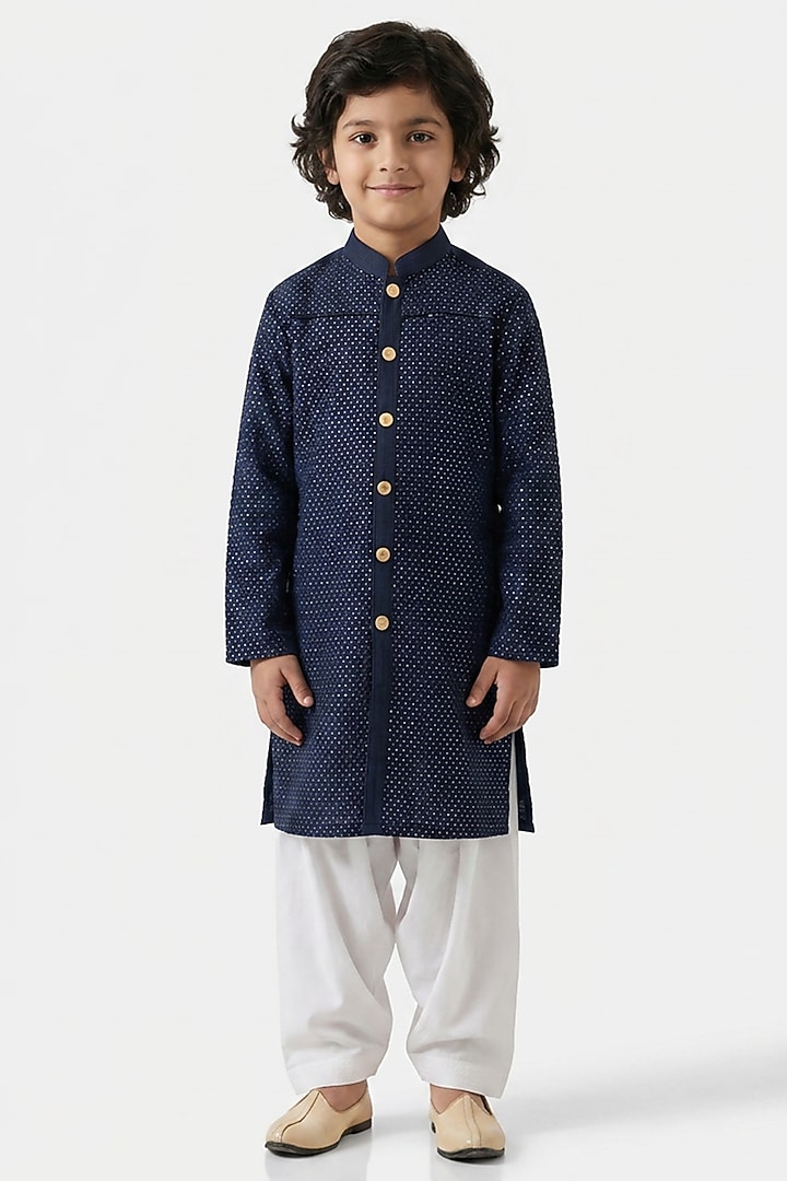 Navy Blue Cotton Silk Embroidered Sherwani Set For Boys by Ankit V kapoor Kids at Pernia's Pop Up Shop