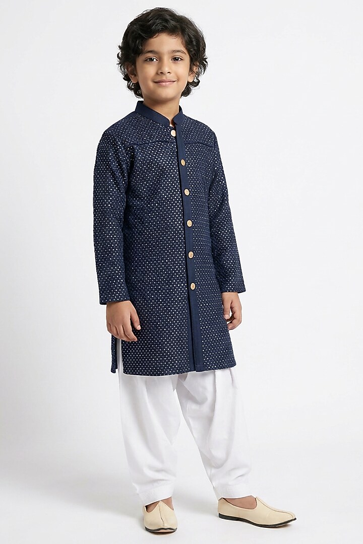 Navy Blue Cotton Silk Embroidered Sherwani Set For Boys by Ankit V kapoor Kids at Pernia's Pop Up Shop