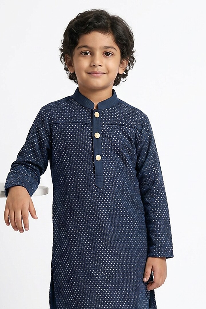 Navy Blue Cotton Silk Embroidered Sherwani Set For Boys by Ankit V kapoor Kids at Pernia's Pop Up Shop