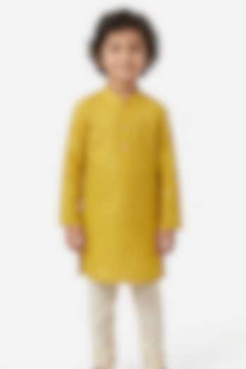 Mustard Yellow Cotton Silk Sequin Embellished Kurta Set For Boys by Ankit V kapoor Kids at Pernia's Pop Up Shop