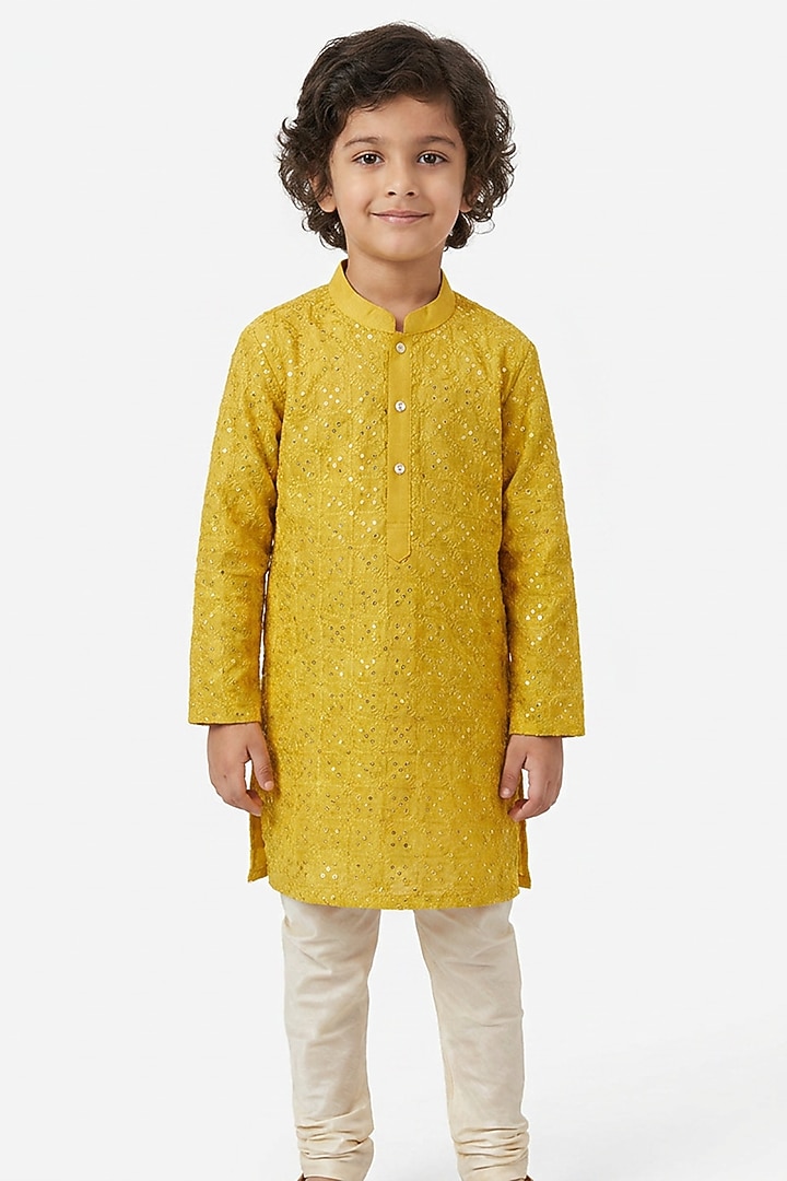 Mustard Yellow Cotton Silk Sequin Embellished Kurta Set For Boys by Ankit V kapoor Kids at Pernia's Pop Up Shop