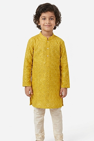 Mustard Yellow Cotton Silk Sequin Embellished Kurta Set For Boys by Ankit V kapoor Kids