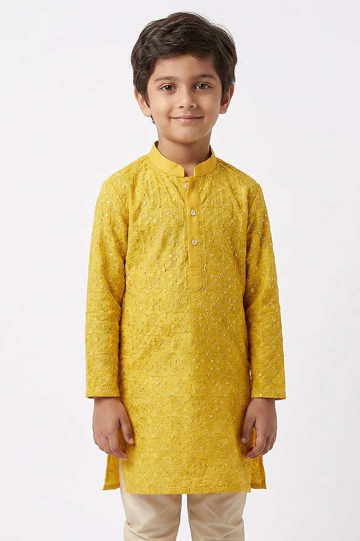 Mustard Yellow Cotton Silk Sequin Embellished Kurta Set For Boys by Ankit V kapoor Kids at Pernia's Pop Up Shop