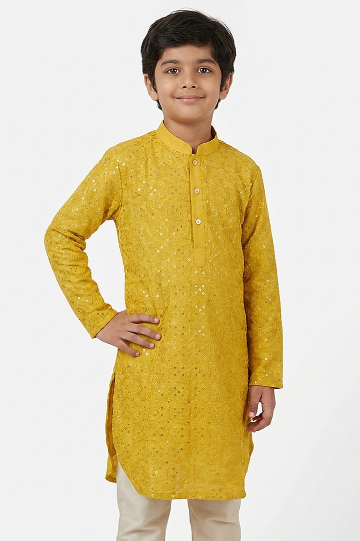 Mustard Yellow Cotton Silk Sequin Embellished Kurta Set For Boys by Ankit V kapoor Kids at Pernia's Pop Up Shop