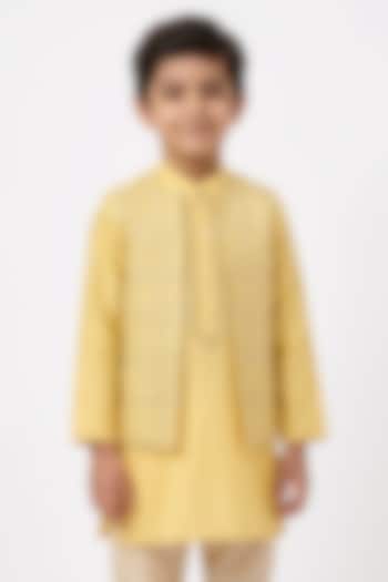 Soft Yellow Cotton Silk Mirror Embroidered Indowestern Set For Boys by Ankit V kapoor Kids at Pernia's Pop Up Shop