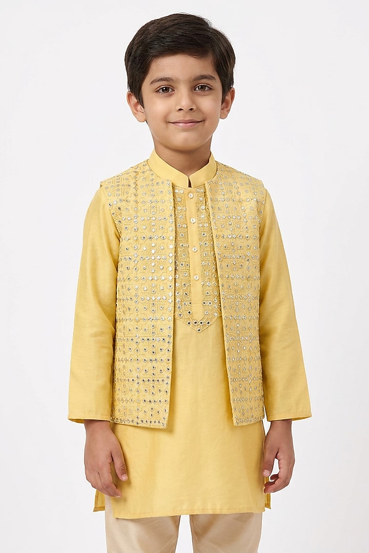 Soft Yellow Cotton Silk Mirror Embroidered Indowestern Set For Boys by Ankit V kapoor Kids at Pernia's Pop Up Shop