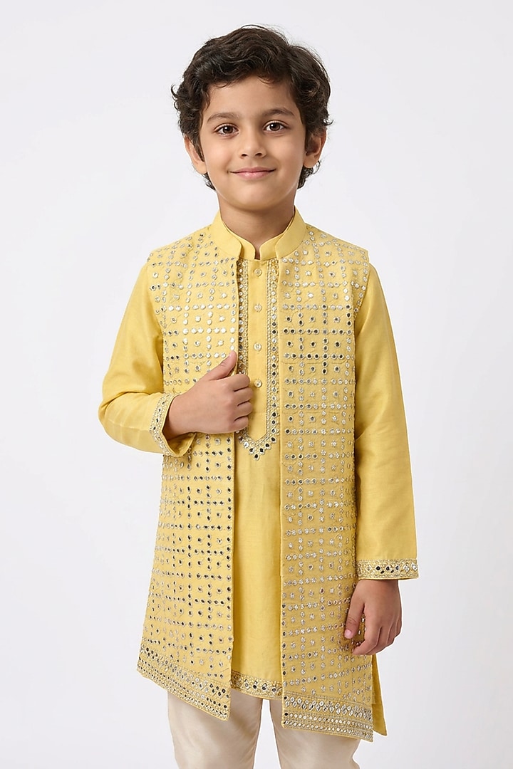 Soft Yellow Cotton Silk Mirror Embroidered Indowestern Set For Boys by Ankit V kapoor Kids at Pernia's Pop Up Shop