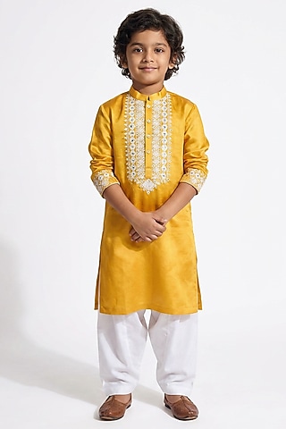 Mustard Yellow Cotton Silk Mirror Embellished Kurta Set For Boys by Ankit V kapoor Kids