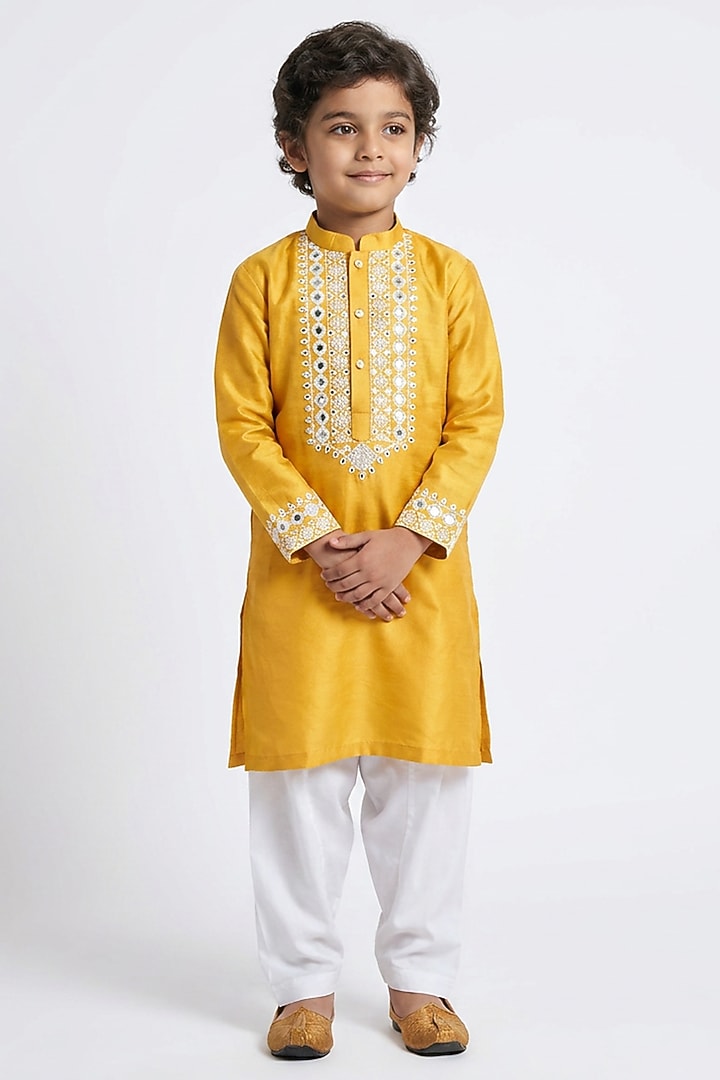 Mustard Yellow Cotton Silk Mirror Embellished Kurta Set For Boys by Ankit V kapoor Kids at Pernia's Pop Up Shop