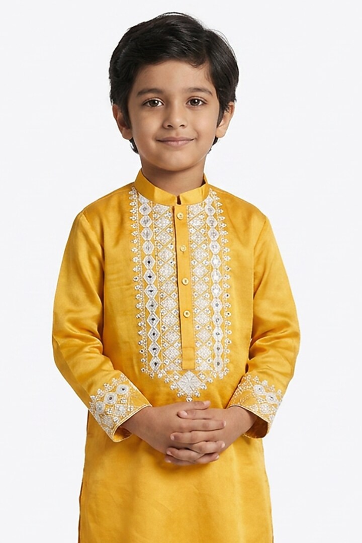 Mustard Yellow Cotton Silk Mirror Embellished Kurta Set For Boys by Ankit V kapoor Kids at Pernia's Pop Up Shop