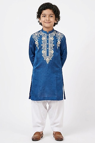 Teal Blue Cotton Silk Floral Embellished Kurta Set For Boys by Ankit V kapoor Kids