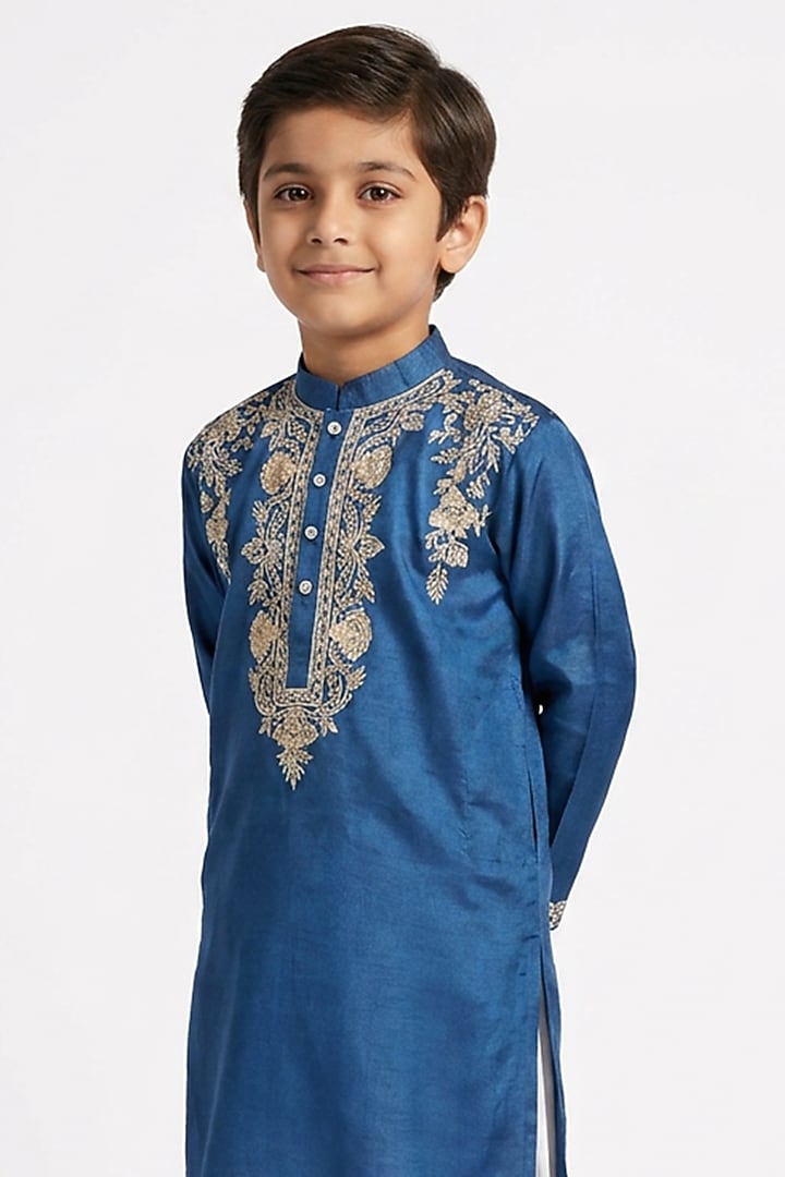 Teal Blue Cotton Silk Floral Embellished Kurta Set For Boys by Ankit V kapoor Kids at Pernia's Pop Up Shop