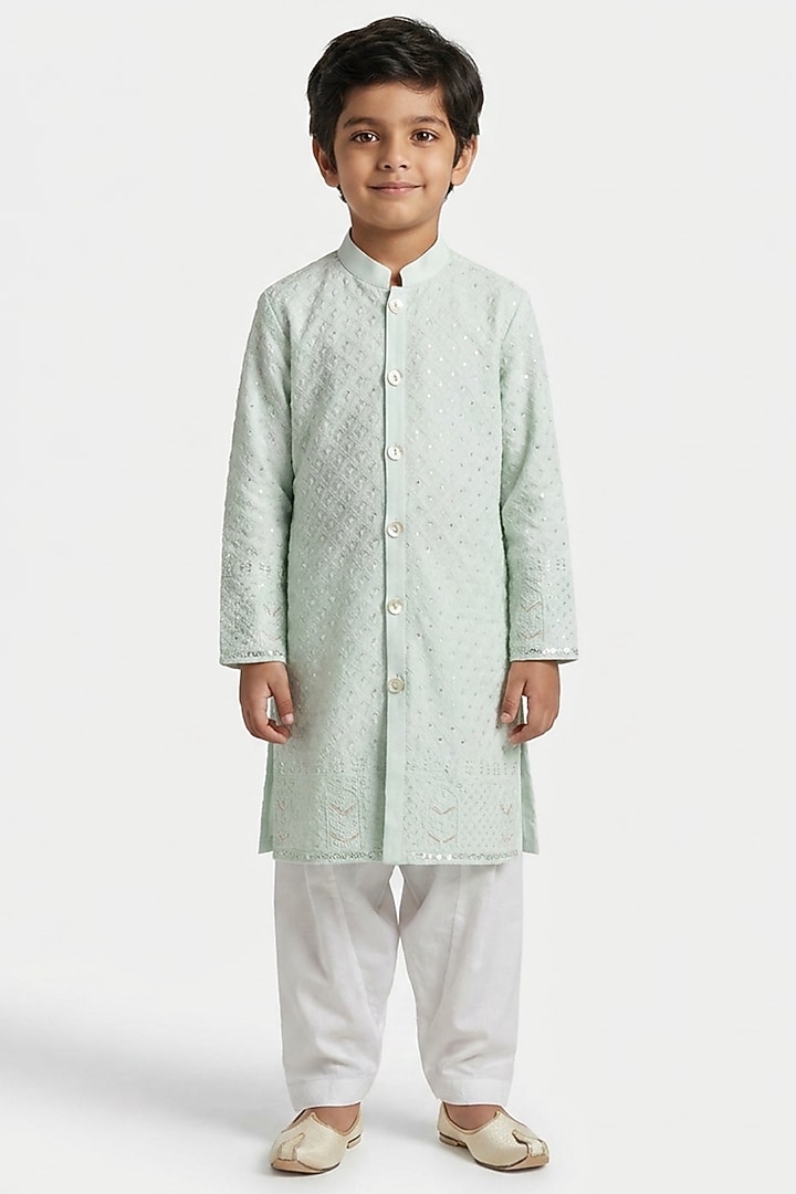 Mint Green Cotton Sequin Embellished Kurta Set For Boys by Ankit V kapoor Kids at Pernia's Pop Up Shop