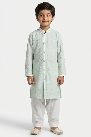 Mint Green Cotton Sequin Embellished Kurta Set For Boys by Ankit V kapoor Kids