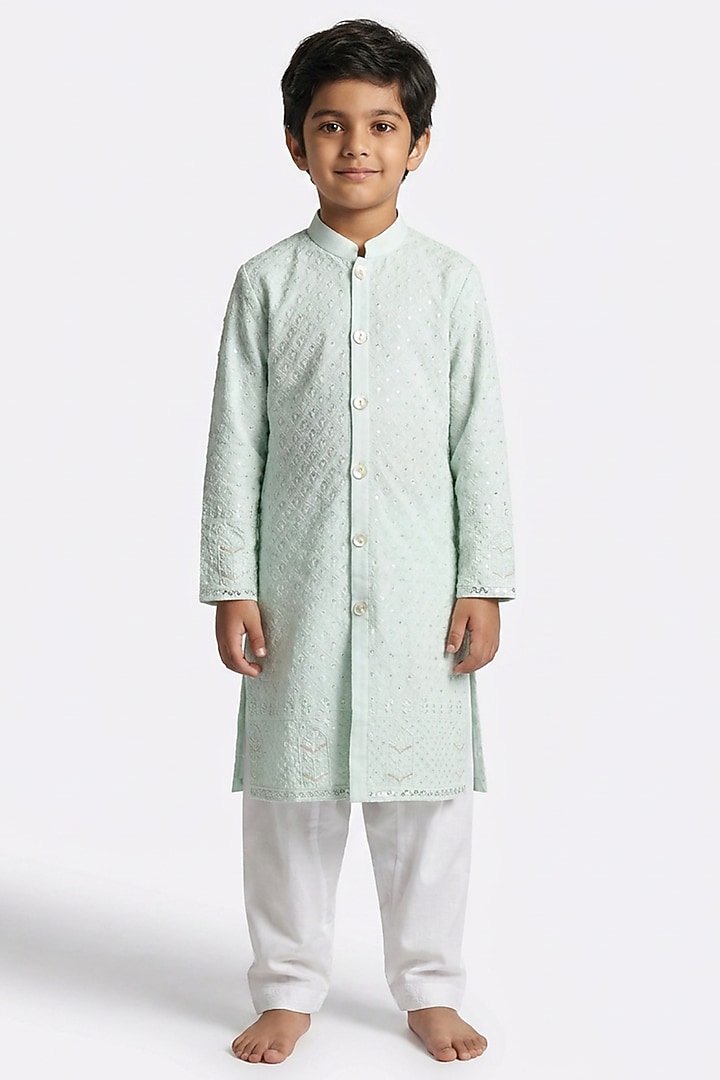 Mint Green Cotton Sequin Embellished Kurta Set For Boys by Ankit V kapoor Kids at Pernia's Pop Up Shop