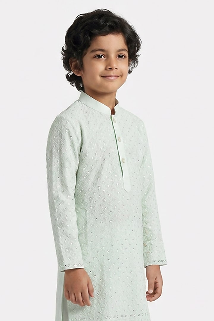 Mint Green Cotton Sequin Embellished Kurta Set For Boys by Ankit V kapoor Kids at Pernia's Pop Up Shop