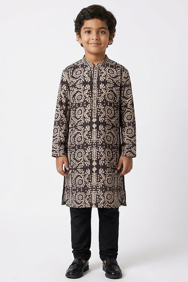 Brown Cotton Floral Printed Kurta Set For Boys by Ankit V kapoor Kids at Pernia's Pop Up Shop