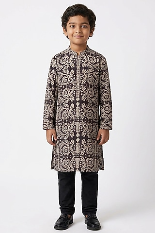 Brown Cotton Floral Printed Kurta Set For Boys by Ankit V kapoor Kids