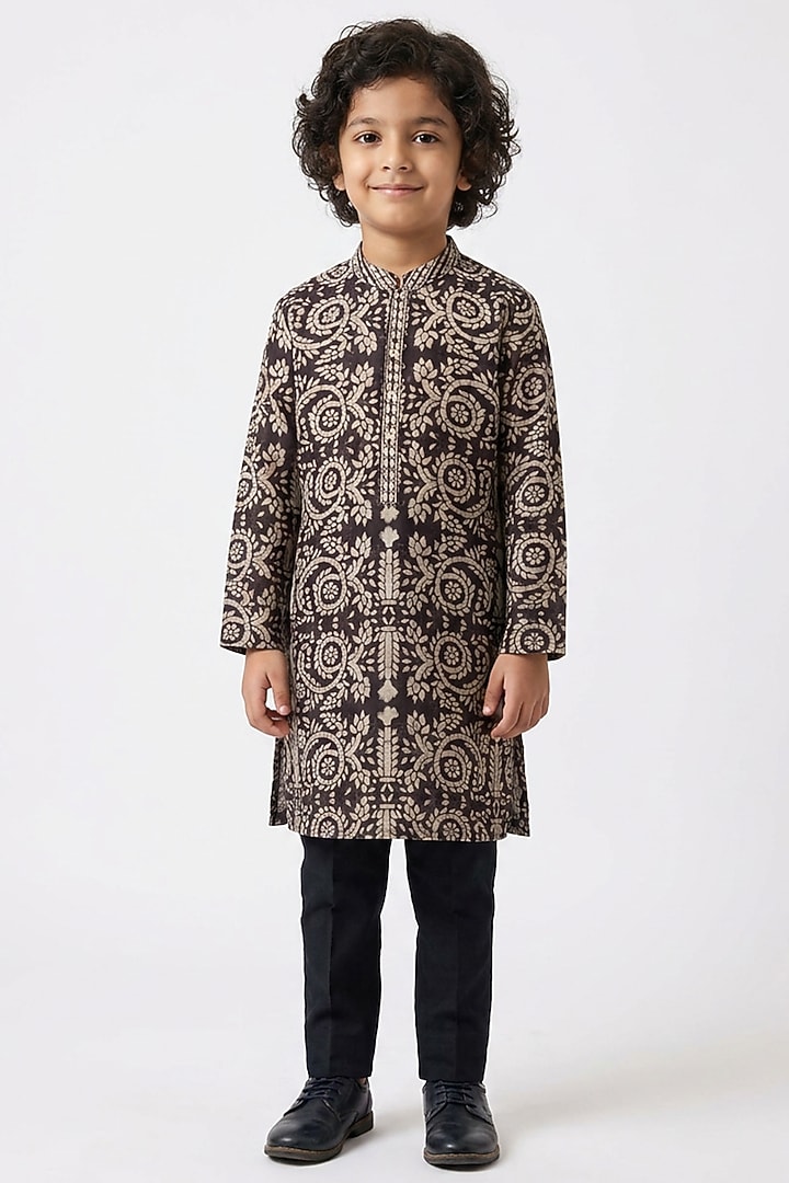Brown Cotton Floral Printed Kurta Set For Boys by Ankit V kapoor Kids at Pernia's Pop Up Shop