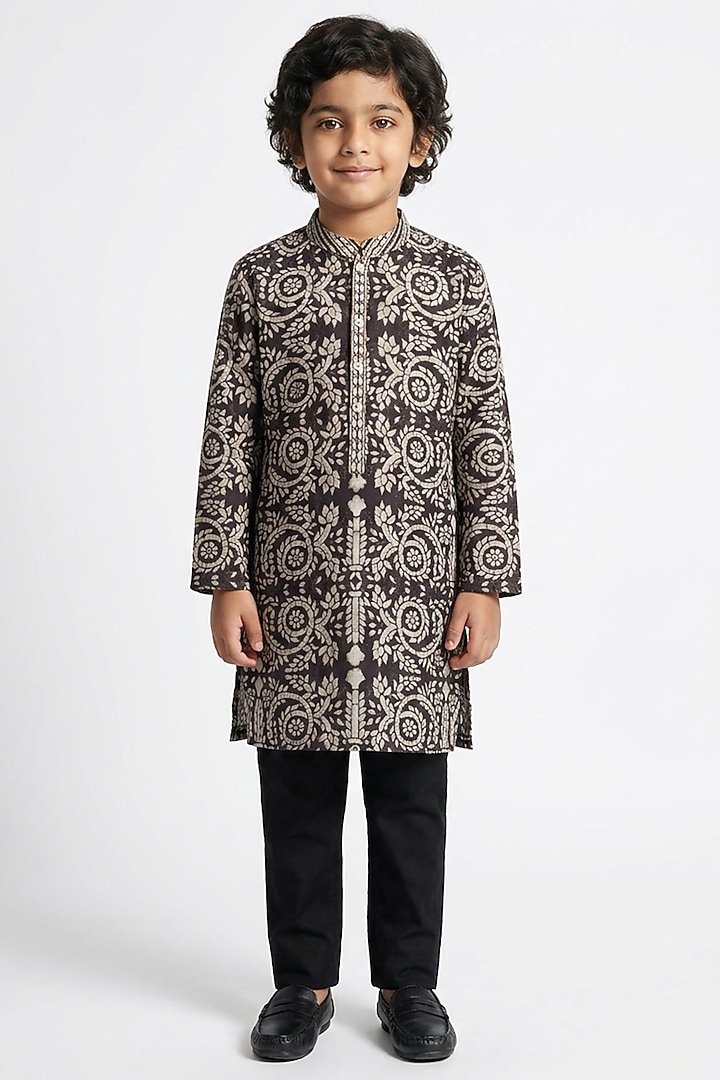Brown Cotton Floral Printed Kurta Set For Boys by Ankit V kapoor Kids at Pernia's Pop Up Shop