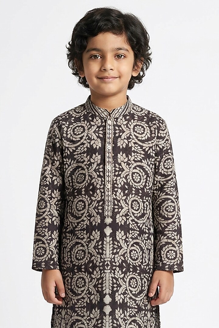 Brown Cotton Floral Printed Kurta Set For Boys by Ankit V kapoor Kids at Pernia's Pop Up Shop