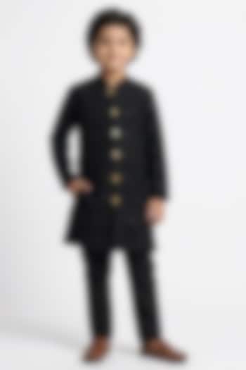 Black Cotton Sequin Embellished Sherwani Set For Boys by Ankit V kapoor Kids at Pernia's Pop Up Shop