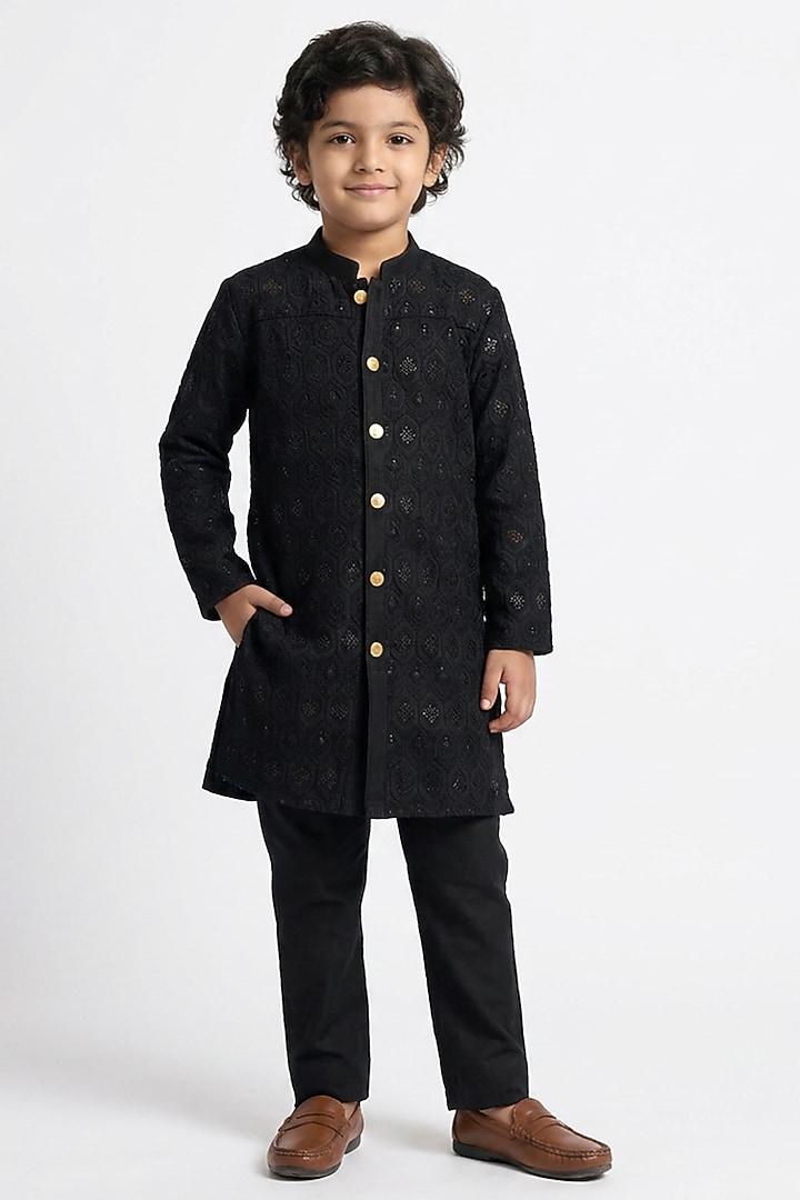 Black Cotton Sequin Embellished Sherwani Set For Boys by Ankit V kapoor Kids at Pernia's Pop Up Shop