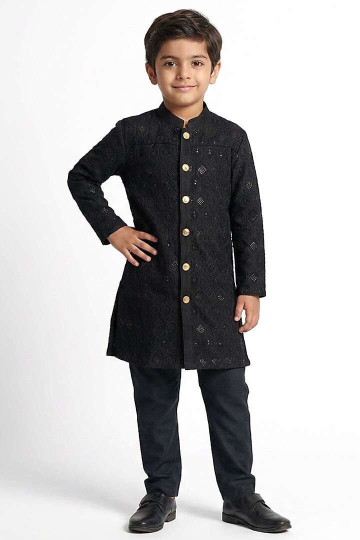 Black Cotton Sequin Embellished Sherwani Set For Boys by Ankit V kapoor Kids at Pernia's Pop Up Shop