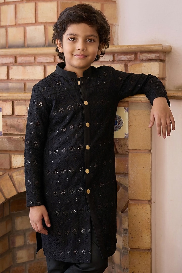 Black Cotton Sequin Embellished Sherwani Set For Boys by Ankit V kapoor Kids at Pernia's Pop Up Shop