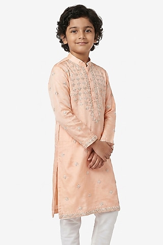 Peach Cotton Silk Thread Embroidered Kurta Set For Boys by Ankit V kapoor Kids