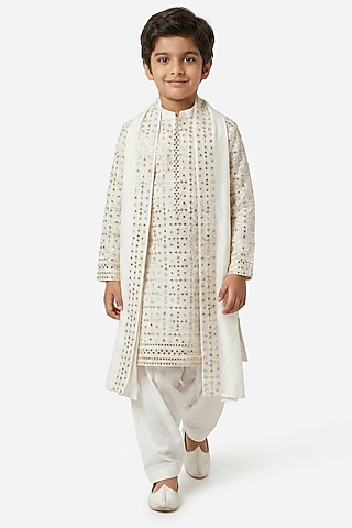 Ivory Cotton Silk Mirror Embroidered Kurta Set For Boys by Ankit V kapoor Kids
