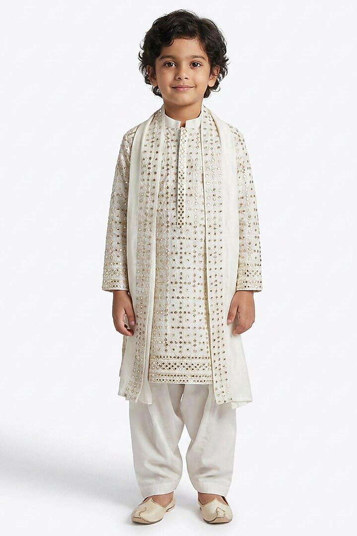 Ivory Cotton Silk Mirror Embroidered Kurta Set For Boys by Ankit V kapoor Kids at Pernia's Pop Up Shop