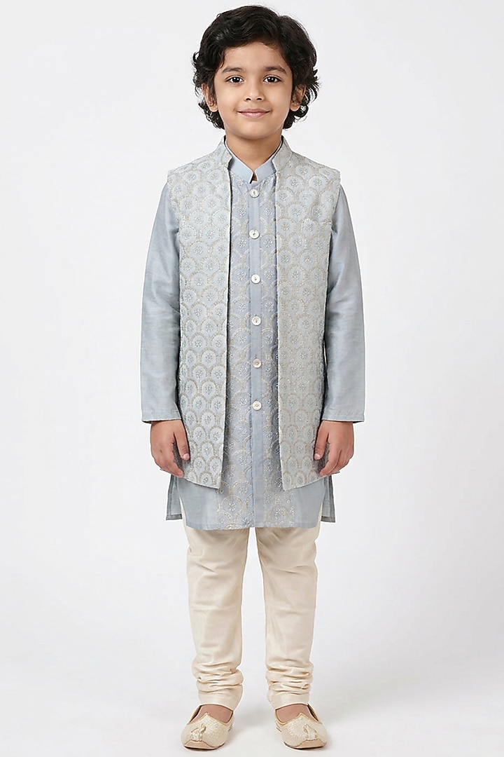 Powder Grey Cotton Silk Embroidered Nehru Jacket Set For Boys by Ankit V kapoor Kids at Pernia's Pop Up Shop