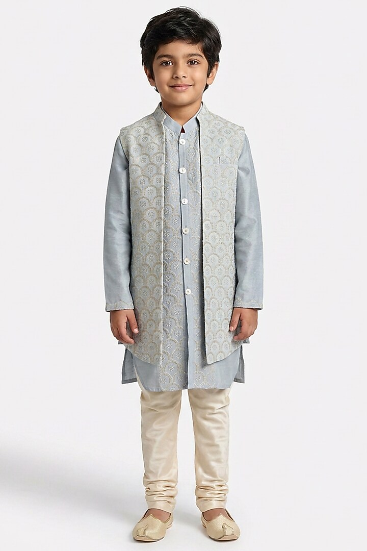Powder Grey Cotton Silk Embroidered Nehru Jacket Set For Boys by Ankit V kapoor Kids at Pernia's Pop Up Shop