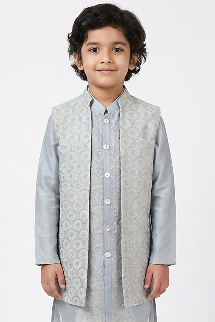 Powder Grey Cotton Silk Embroidered Nehru Jacket Set For Boys by Ankit V kapoor Kids at Pernia's Pop Up Shop