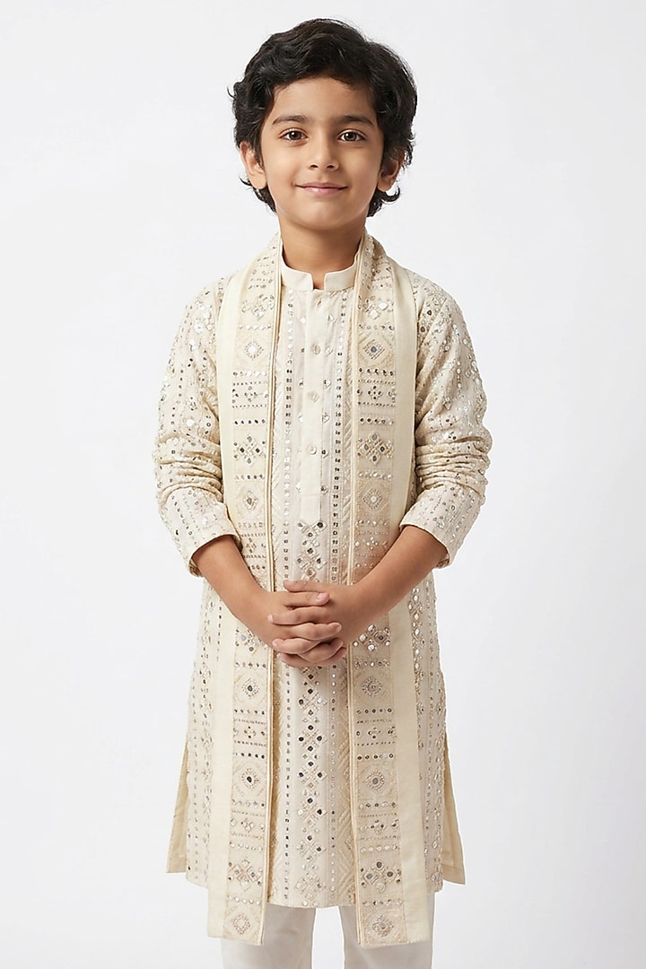 Cream Cotton Silk Mirror Embroidered Kurta Set For Boys by Ankit V kapoor Kids at Pernia's Pop Up Shop