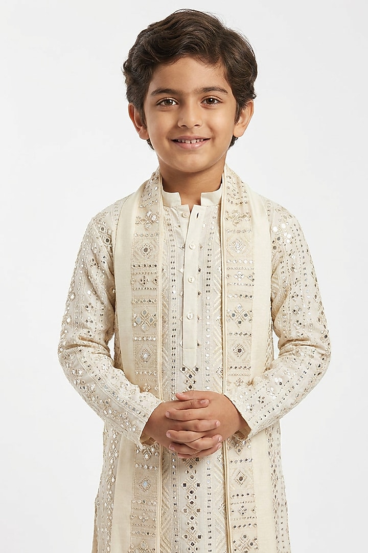 Cream Cotton Silk Mirror Embroidered Kurta Set For Boys by Ankit V kapoor Kids at Pernia's Pop Up Shop
