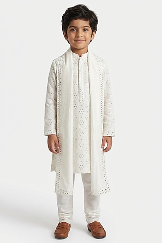 Ivory Cotton Silk Mirror Embroidered Kurta Set For Boys by Ankit V kapoor Kids