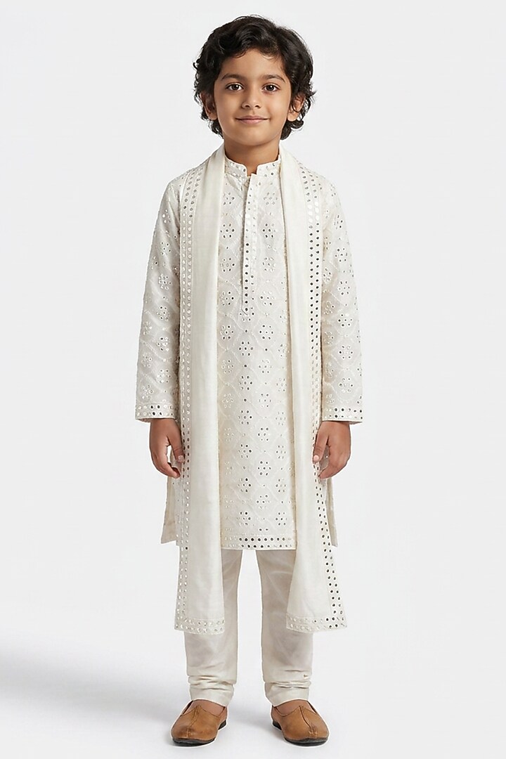 Ivory Cotton Silk Mirror Embroidered Kurta Set For Boys by Ankit V kapoor Kids at Pernia's Pop Up Shop