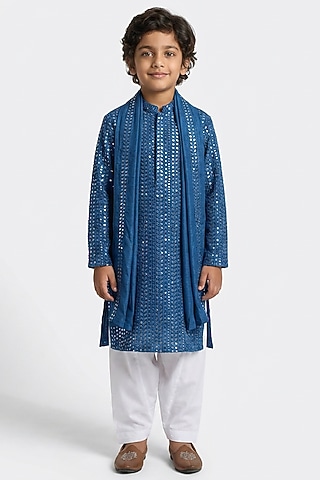 Teal Blue Cotton Silk Sequin Embroidered Kurta Set For Boys by Ankit V kapoor Kids