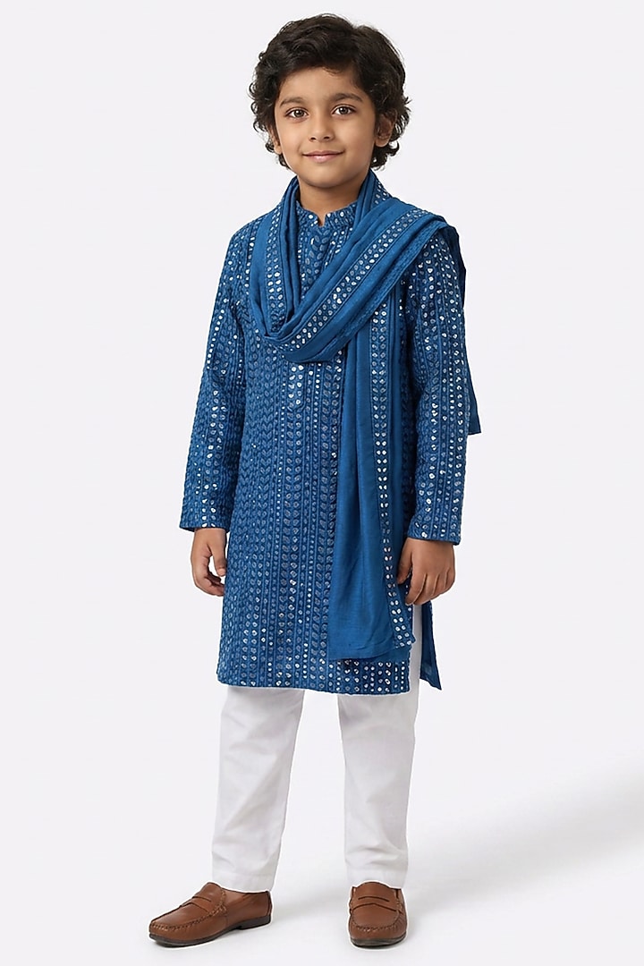 Teal Blue Cotton Silk Sequin Embroidered Kurta Set For Boys by Ankit V kapoor Kids at Pernia's Pop Up Shop
